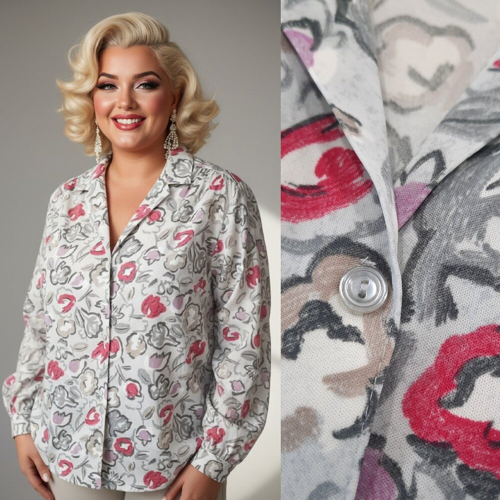 Vtg 70s Gray Floral Top - Lady Graff Brand
